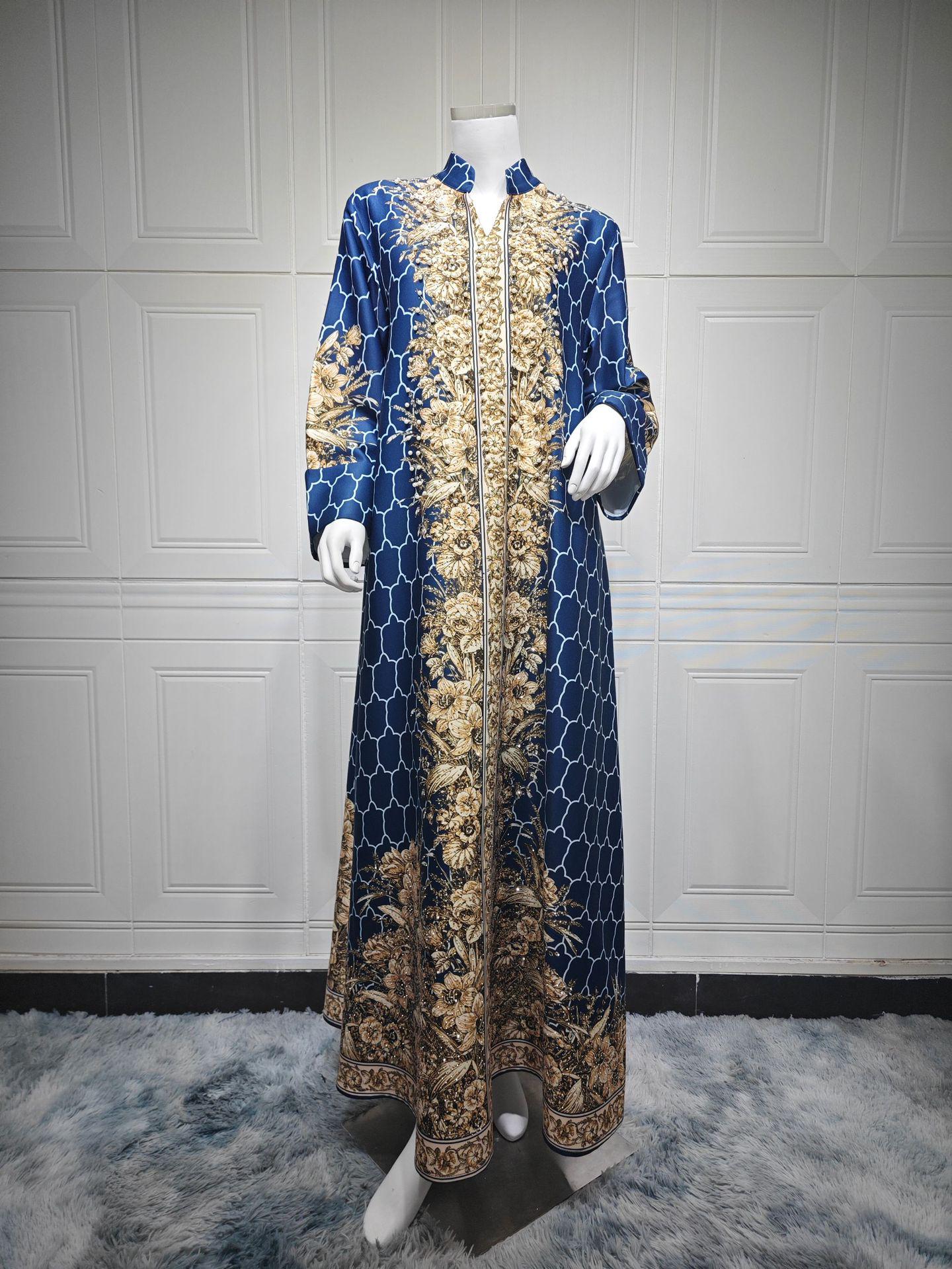 

AB446 Spring 2025 Women s Middle Eastern Long Robe with Dubai-Style Hot Drilling Design M синій