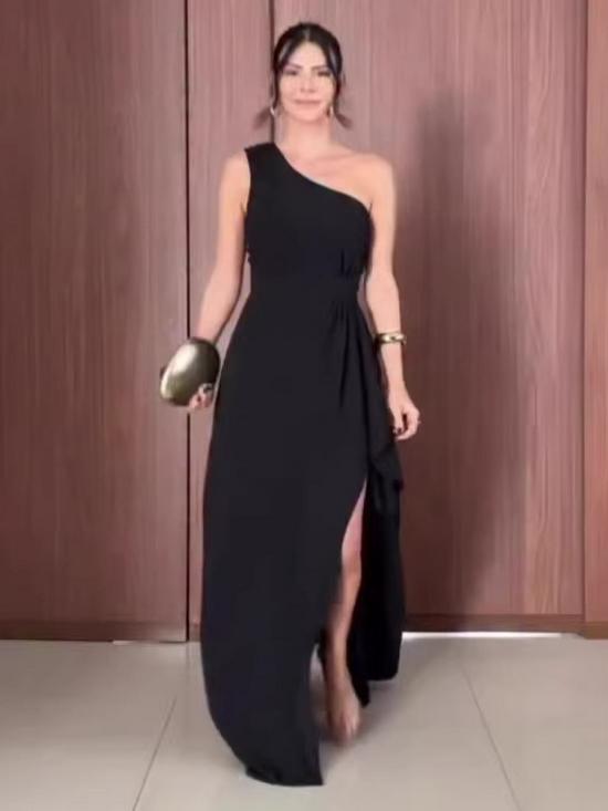 Autumn 2025 European & American Women's Black Asymmetrical Sleeveless Elegant Dress