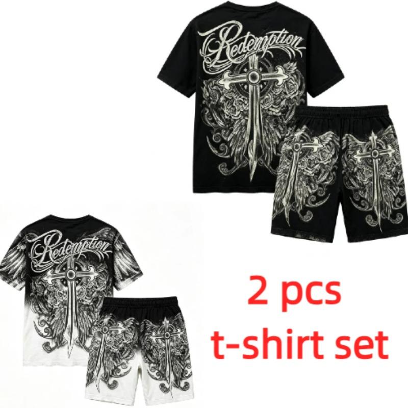 Sommer Gotischer Stil Kreuzschwert Aufdruck Rundhals Kurzarm T-Shirt und Shorts Set Herren und Damen T-Shirt Shorts Set