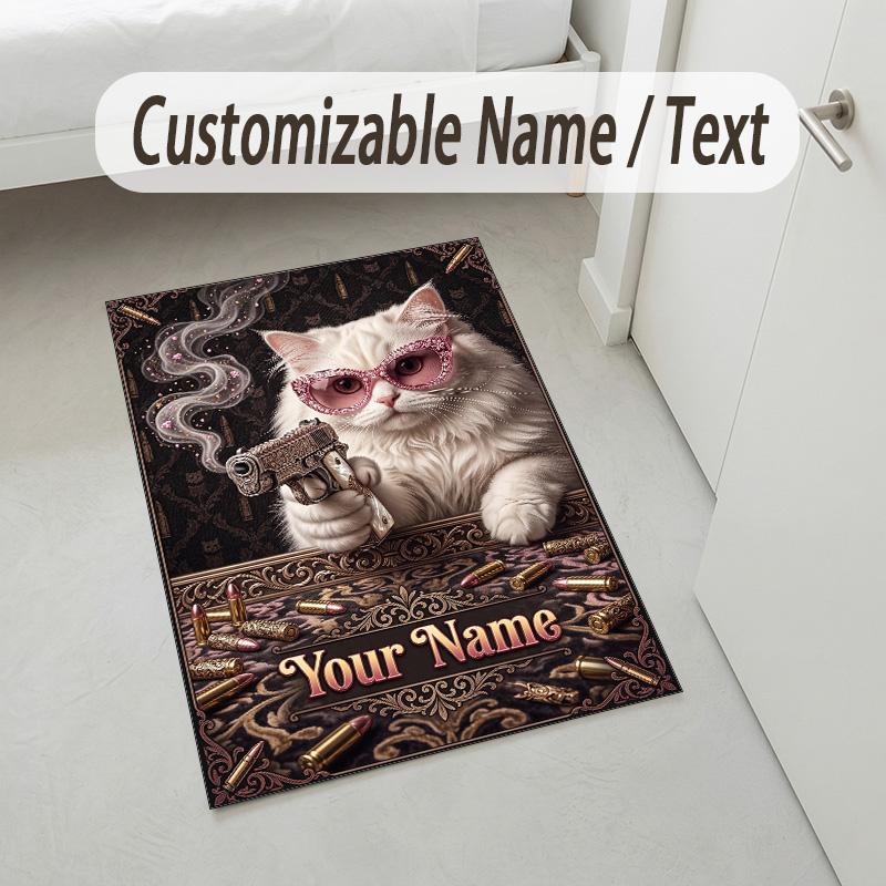 Glamorous Cat Theme Soft Crystal Velvet Rug Custom Name & Text Print Non Slip Floor Rug for Bedroom Living Room