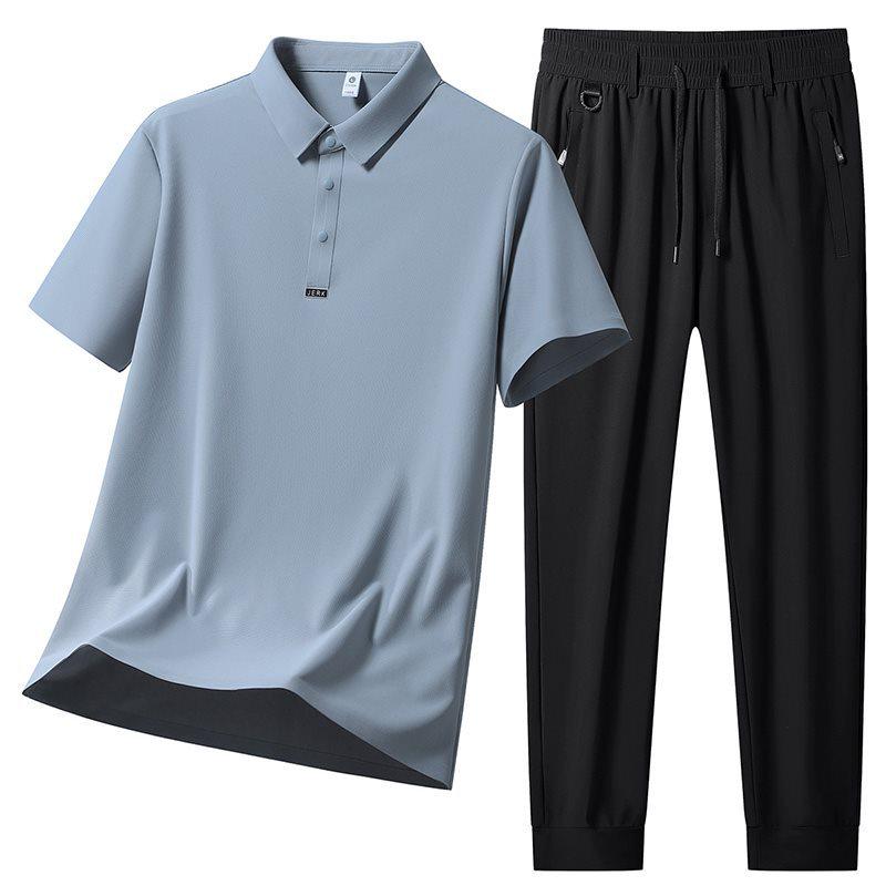 Men's Polo Short Sleeve & Long Pants Set: Summer Breathable, Elastic, Cool Touch Casual Sportswear.