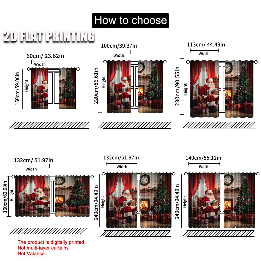 2Pcs Santa Curtains Old Santa Claus Sitting At Home At Christmas Night Reading A Letter Near The Tree Living Room Bedroom Window