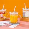Hochwertiger Kinder-Trinkbecher mit Strohhalm, Deckel und Griff, niedlicher Glasbecher mit Skala für Wasser, Tee, Milch, Kaffee, Elefanten-Cartoonmuster
