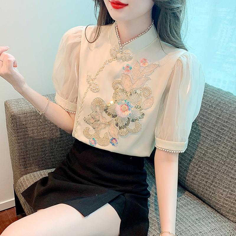 New Chinese Women's Short-sleeved Shirt Top for Women's Summer Heavy Industry Beaded Chiffon Shirt Retro Chinese Style Buttoned Shirt