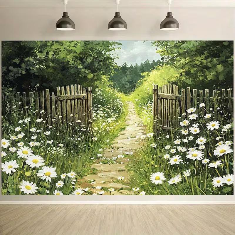 Country Garden Path Tapestry, Rustic Wooden Gate with Daisies Background Cloth, for Farmhouse and Cottage Home Decor