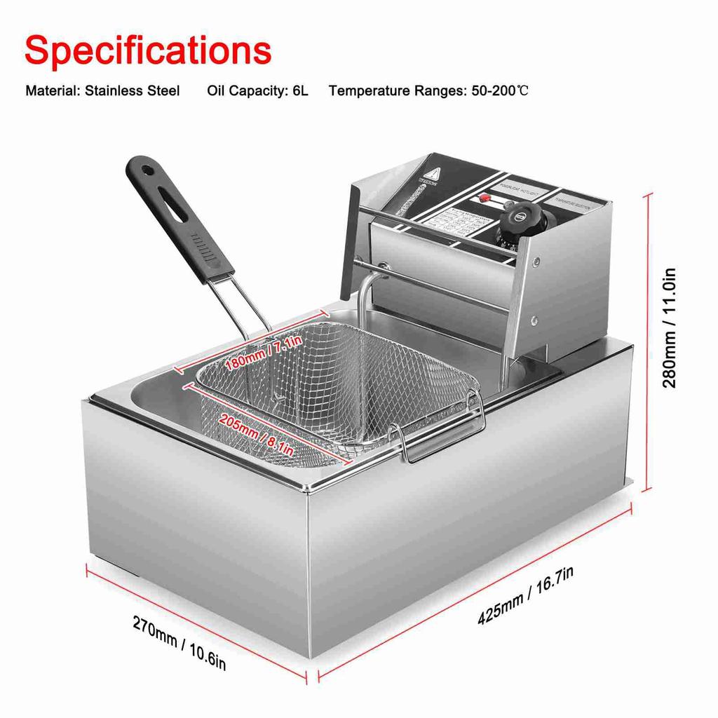 Multifunctional 6L Electric Deep Fryer Removable Oil Filtration Basket 1500W Stainless Steel Automatic Thermostatic Fish Frye