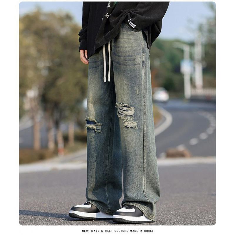 Spring and Autumn Ripped Waist Belt Straight Jeans Men's Trendy Brand Retro Old Loose American Casual Denim Pants