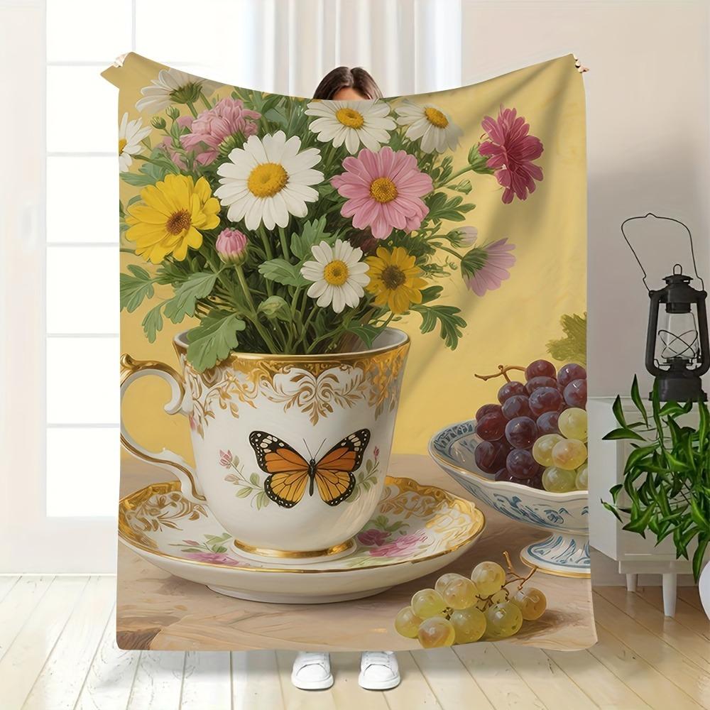 Pink Rose Floral Throw Blanket, Soft Cozy Flannel Blanket, Romantic Home Decor Gift for Couch Bed