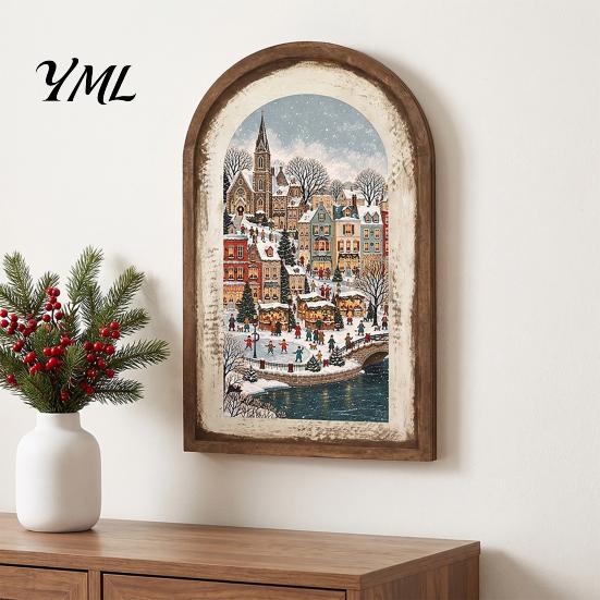 Arte Decorativa da Parete Cornice Portafoto in Legno Arcuata Vintage con Illustrazione Natalizia, Invecchiata Retrò per Decorazione Desktop e Camino,