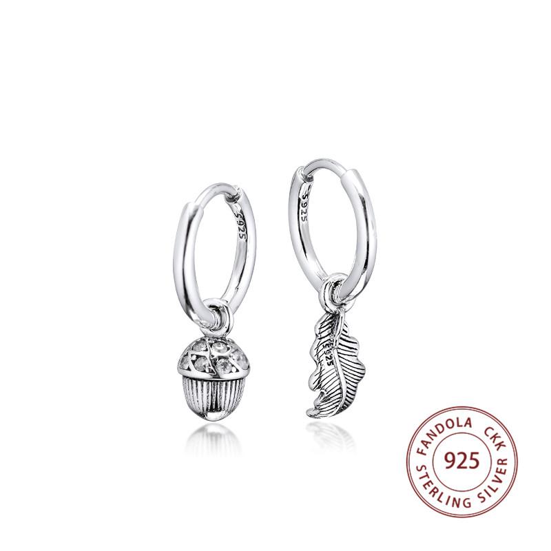 Authentic 925 Sterling Silver Acorn & Leaf Hoop Earrings for Women Clear CZ Ear Rings Fashion Jewelry