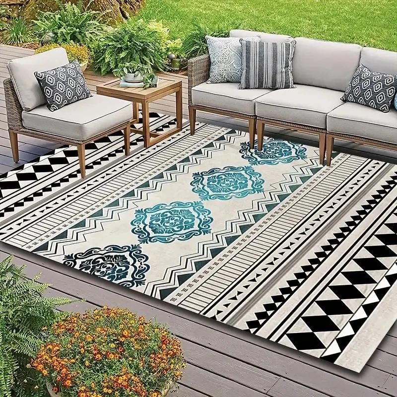Blue Flower Pattern Area Carpets Geometric Pattern Carpet Easy To Clean Outdoor Mats Picnic Mat Suitable For Decks Backyards Mat