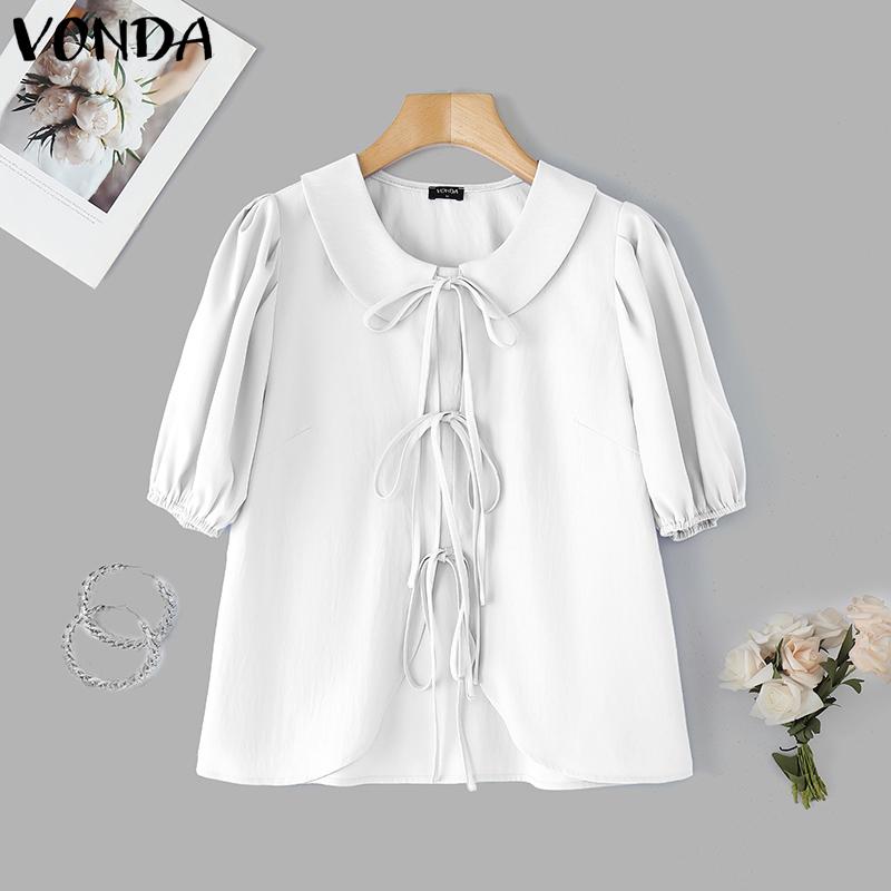 VONDA Women Summer Doll Collar Short Sleeve Bow Knot Splits Casual Cute Blouse