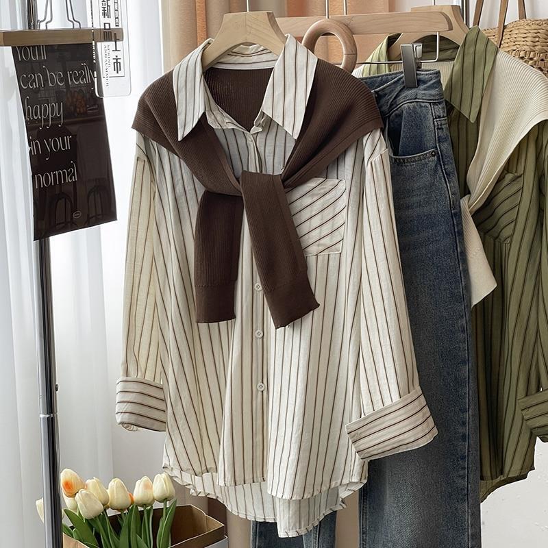 Shirts Damen Fake Zweiteiler Modedesign Allround Locker Stilvoll Studenten Herbst Freizeit Gestreift Koreanischer Stil Zart Vintage