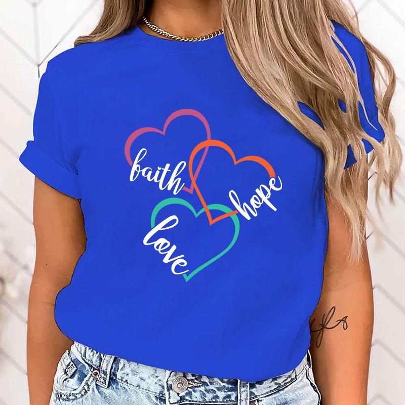 (High Quality Clothes)Funny Breast Cancer Awareness Faith Hope Love Letter Printing T-Shirts For Women Summer Tee Shirt