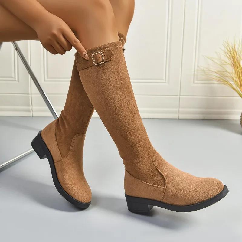 Móda 2025 Dámské kozačky pod koleno Nové zimní nazouvací boty s robustním podpatkem Žena Retro Teplé Jednobarevné Dlouhé kozačky Dámské Kozačky z semiše s kulatou špičkou