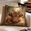1Pc Highland Cow With Flower Crown Throw Pillow Cover,Suitable For Sofa,Bedroom,Living Room,A Stylish Gift For Animal Lovers