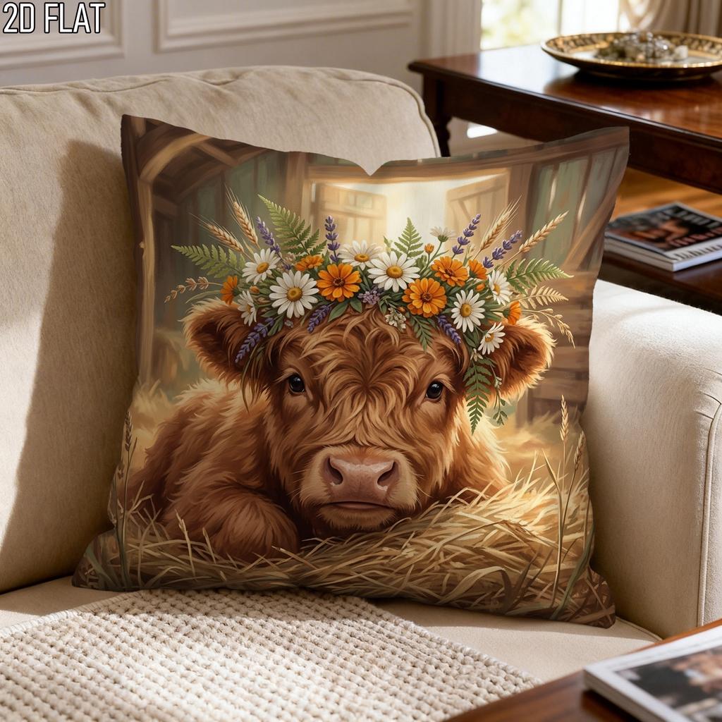 1Pc Highland Cow With Flower Crown Throw Pillow Cover,Suitable For Sofa,Bedroom,Living Room,A Stylish Gift For Animal Lovers