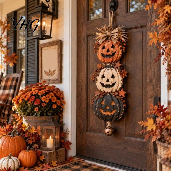 Holiday Gift for Fall Season Halloween Stacked Pumpkin Door Hanger, Vintage Jack?O?Lantern Wall Hanging Ornament, Indoor Outdoor Rustic