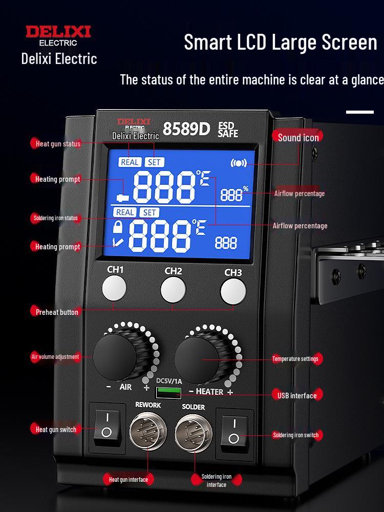 Delixi Electric 2-in-1 Soldering and Desoldering Station with Hot Air Gun and Worktable