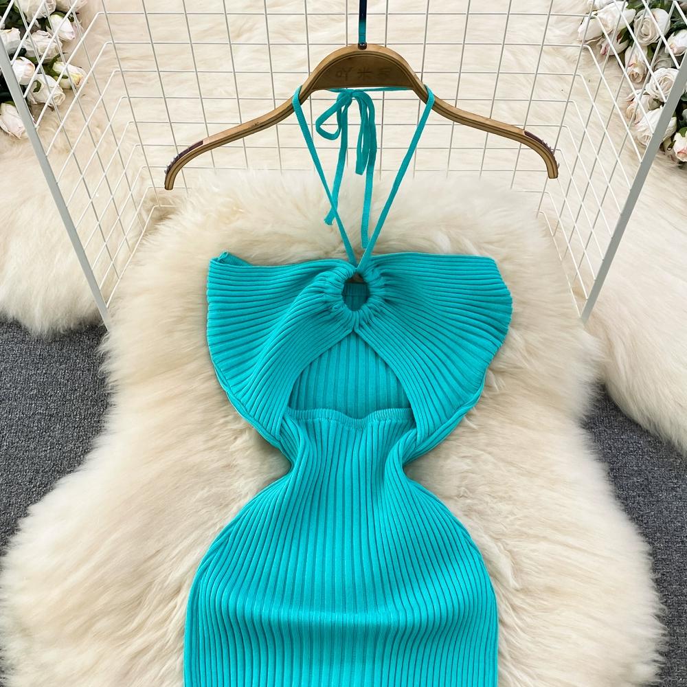 Summer Women's Dress Celebrity Temperament Hanging Neck Hollowed Tight Slim Backless Sleeveless Medium-length Split Package Hip Knit Bottom Dress