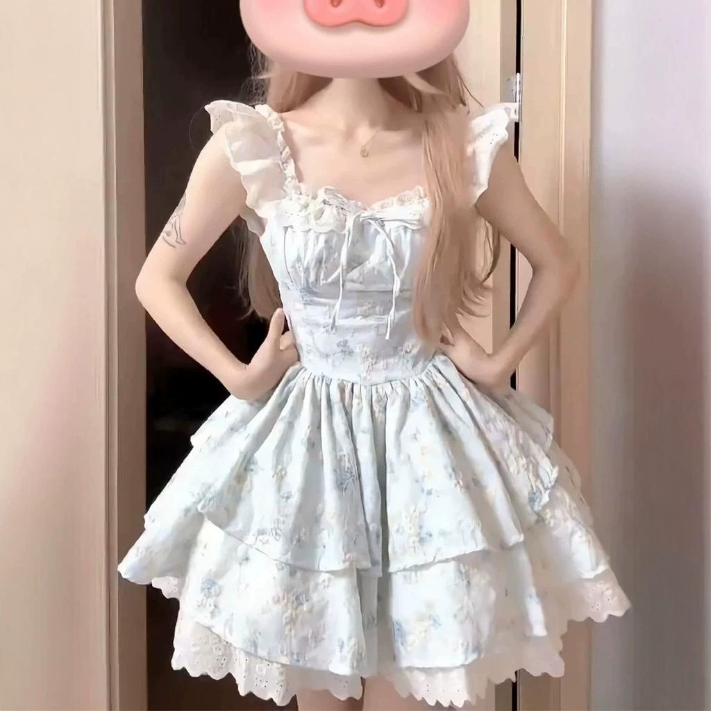 (Original Jacquard) Sweet and cute little flying sleeve dress, summer daughter feeling, waist and thin princess style tutu