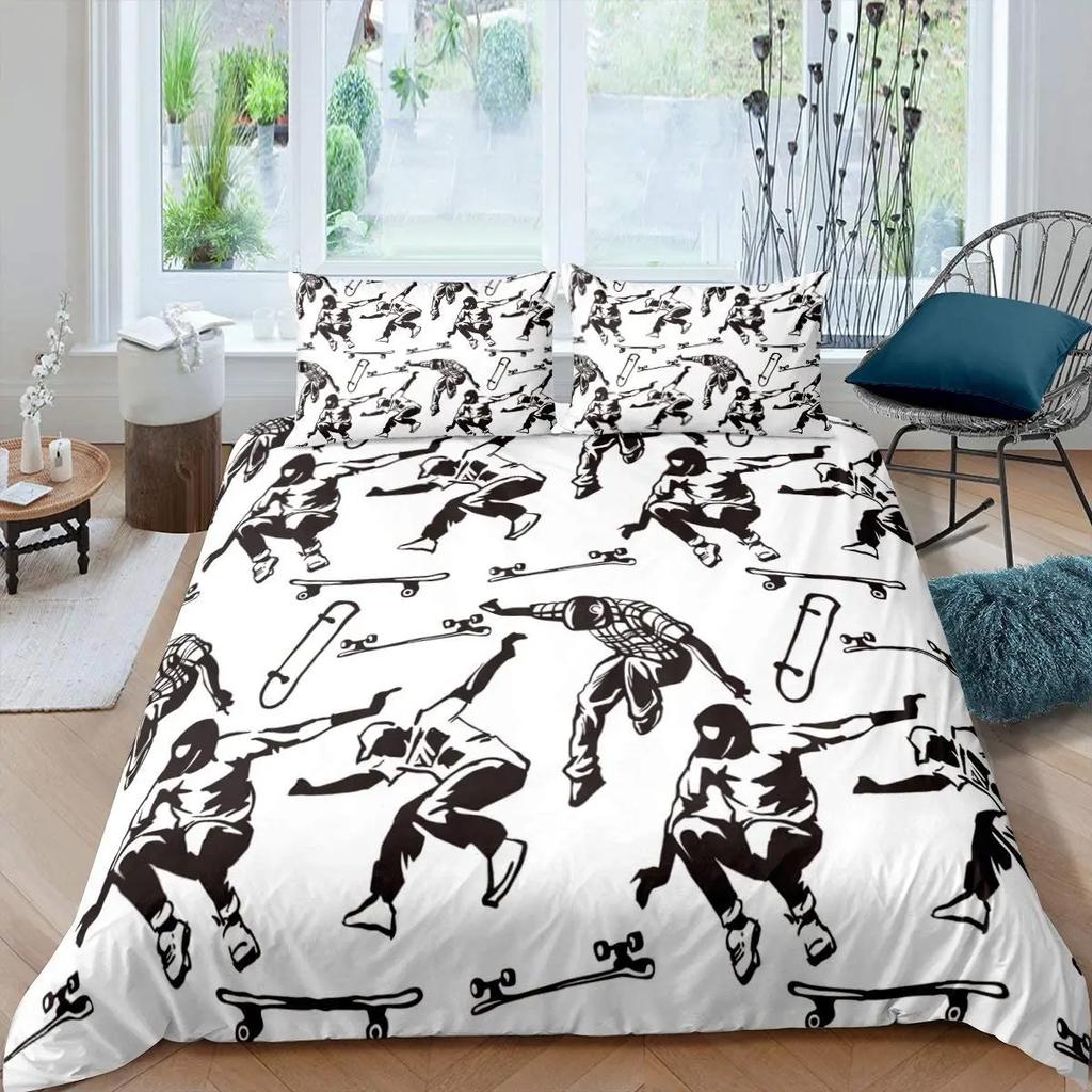 Skul Soft Duvet Cover Skateboard Human Skul featuring Skateboard Print for Children Kids Young Boys Tens Rom Decor Extreme Sport Theme Comfortable