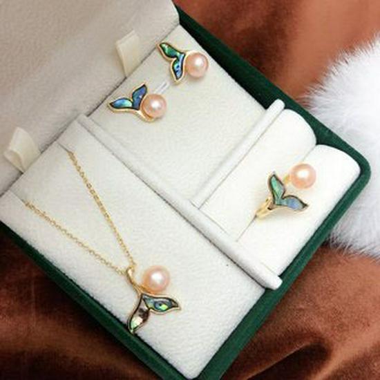 Trendy Fishtail Abalone Shell & Pearl Jewelry Set 7-8mm