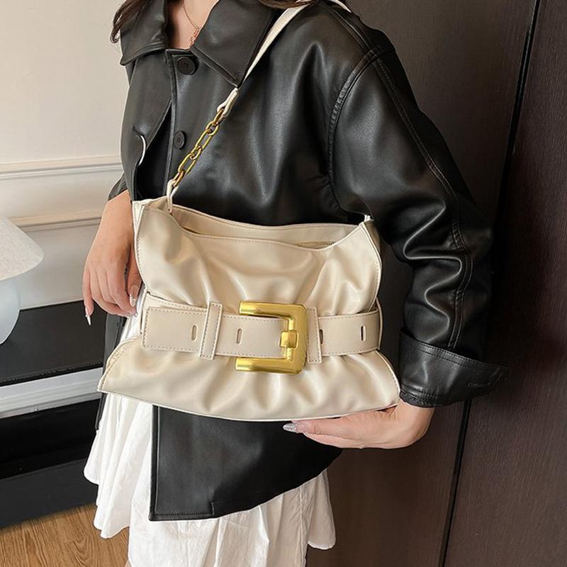 Yogodlns Fashionable Pleated Tote Bag New Brand Design Belt Buckle Motorcycle Bag Large Capacity Single Shoulder Underarm Bag