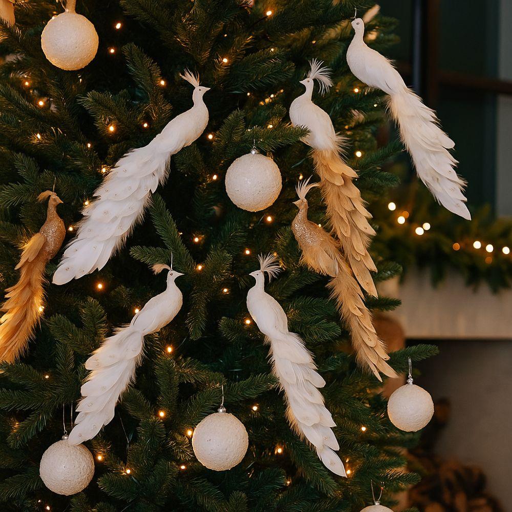 Colorful Artificial Christmas Peafowl Glitter Feather Realistic Crafts Christmas Bird Ornaments with Clip Long Tail