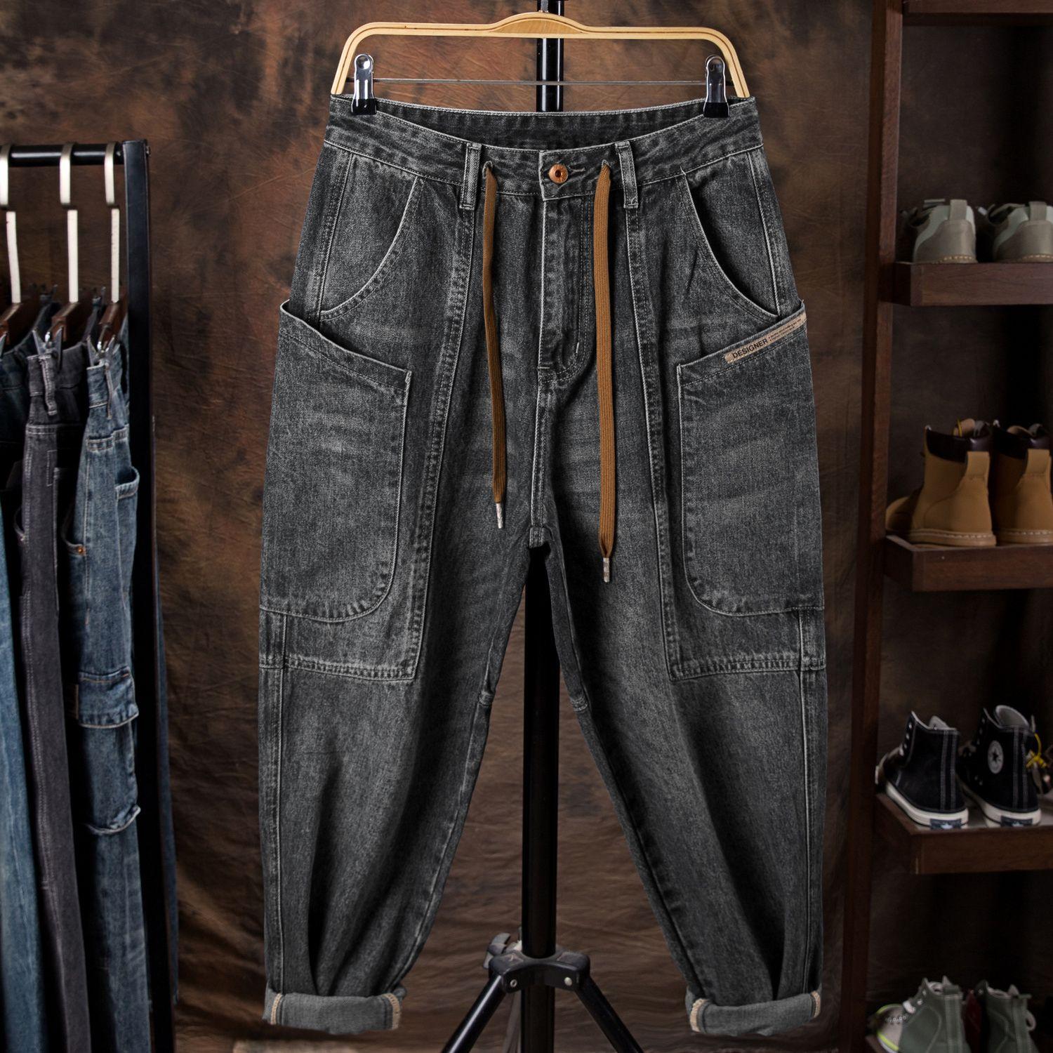 

Весна Осень Мешковатые Джинсы Мужская Мода Повседневные Прямые Джинсы Мужская Уличная Одежда Хип-Хоп Свободные Джинсовые Брюки Мужские Брюки E64 5XL чёрный