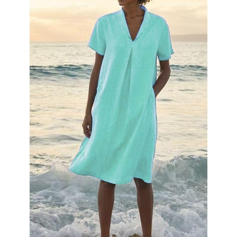 GMXIA Vestidos Casuales de Moda para Mujer Verano Primavera Color Sólido Estampado Cuello en V Manga Corta