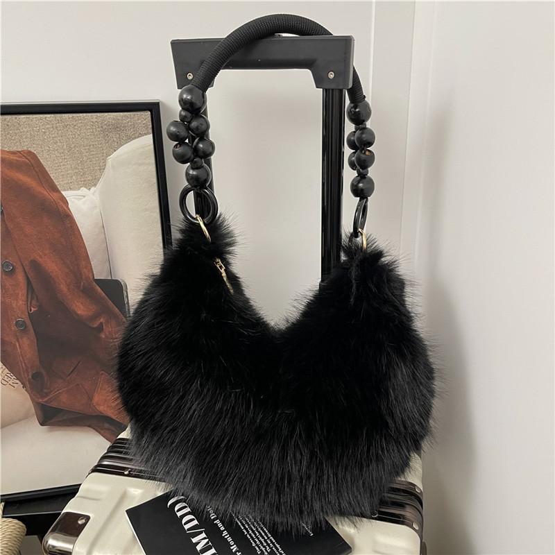 

Winter Unique Plush Shoulder Bags for Women Large Capacity Ladies Beaded Design Handbags Solid Color Girls Faux Fur Hobos Bag чёрный