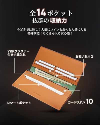 Men's Tochigi Leather Long Wallet, Made by Top Leather Craftsmen, Genuine Leather Wallet, Slim, Large Capacity, Long Wallet (Green)