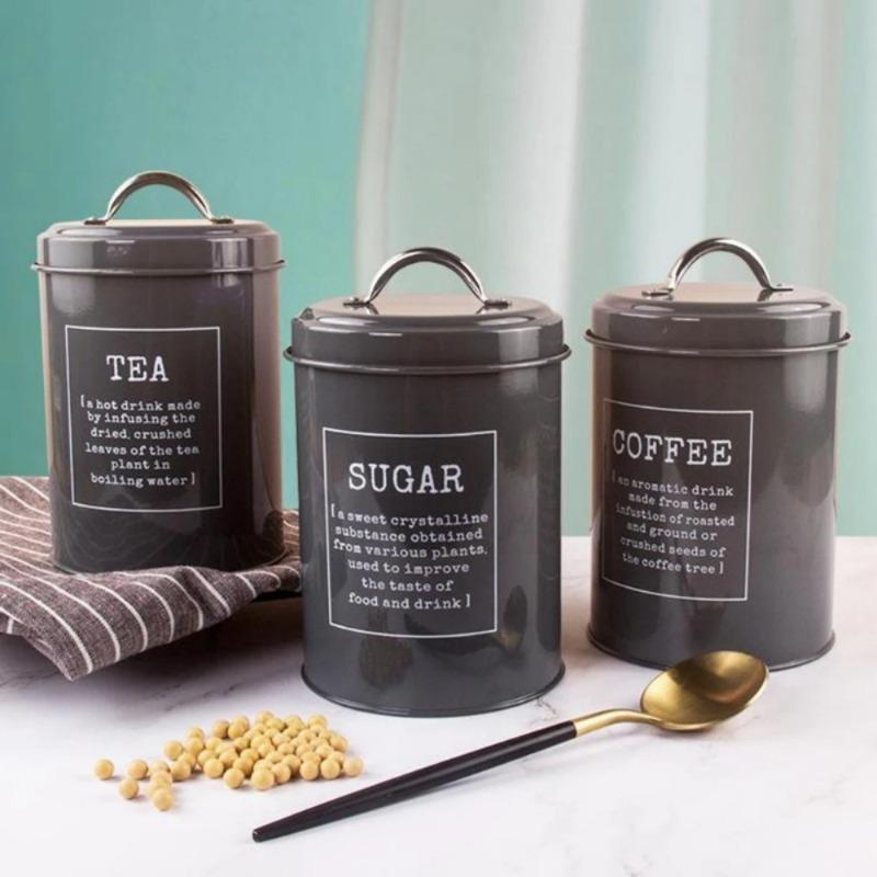 3Pcs Coffee Sugar Container Sets Decor Lid Metal Tea Coffee Sugar Storage Jars Canister Pot Kitchen Container