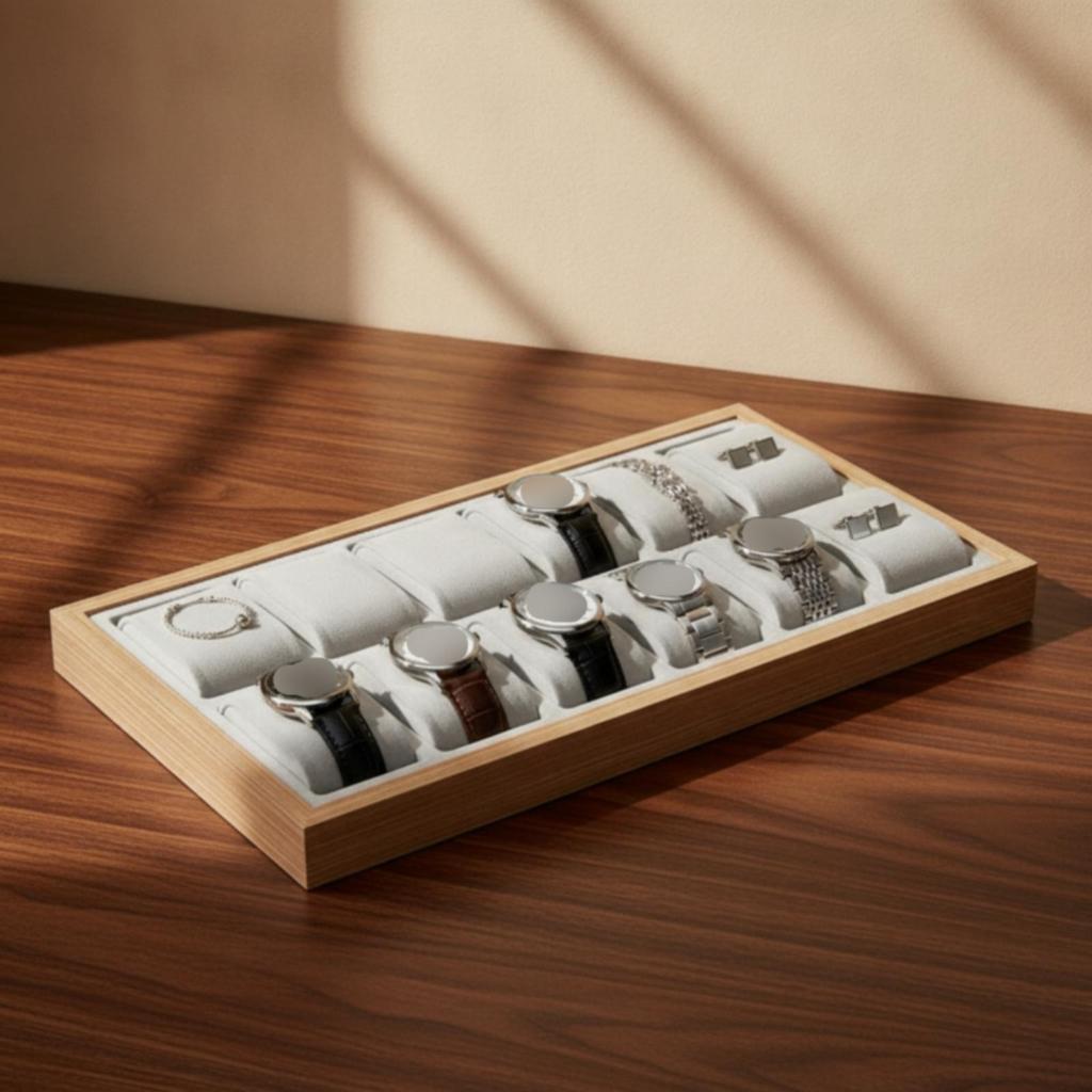 Vassoio per Orologi con 12 Scomparti Finitura Legno per Esposizione per Rivenditori, Collezionisti, Bancone,
