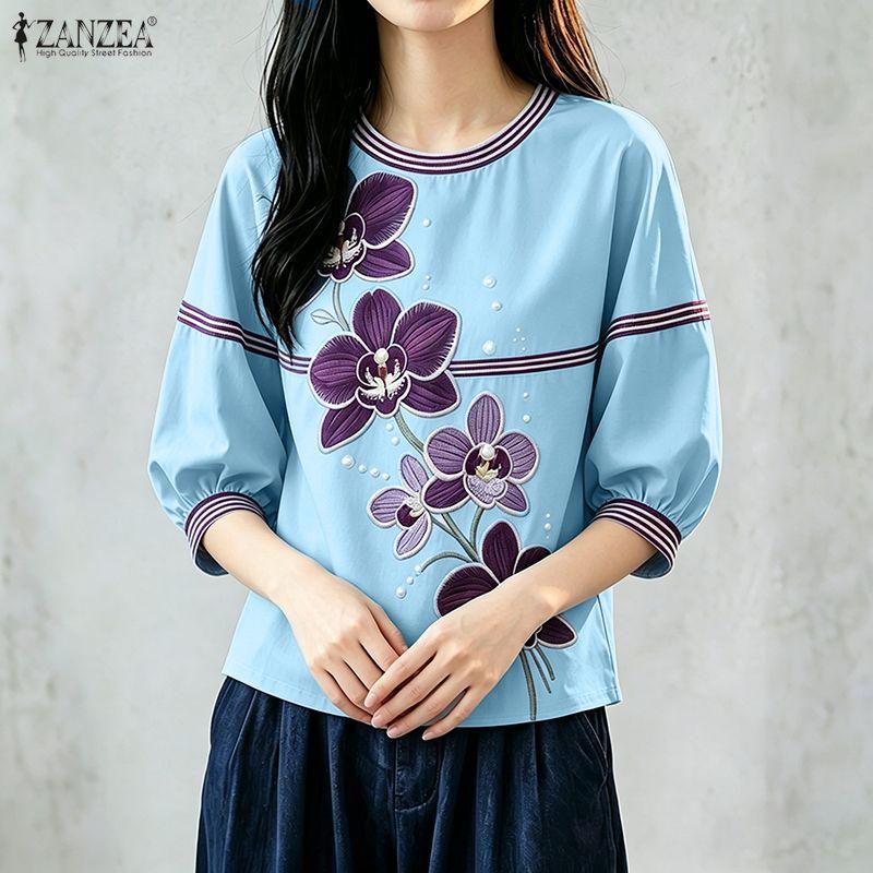ZANZEA Women Casual Round Neck Floral Print Loose 3/4 Sleeve Blouse