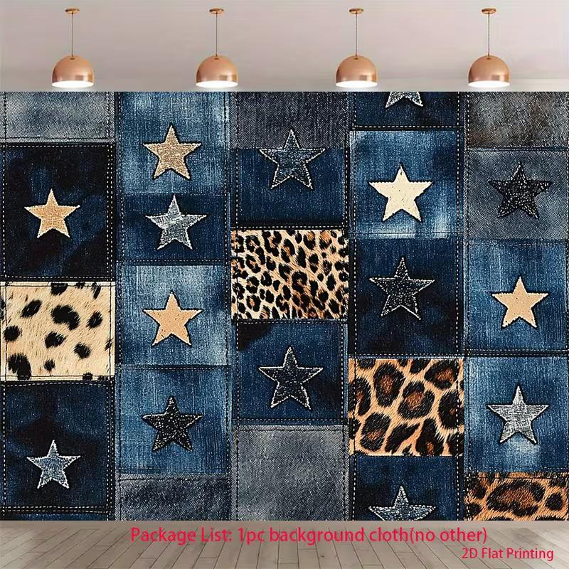 

2D Retro Denim Patchwork Backdrop with Stars and Leopard Photography Background 47.2x31.5inch/120*80cm