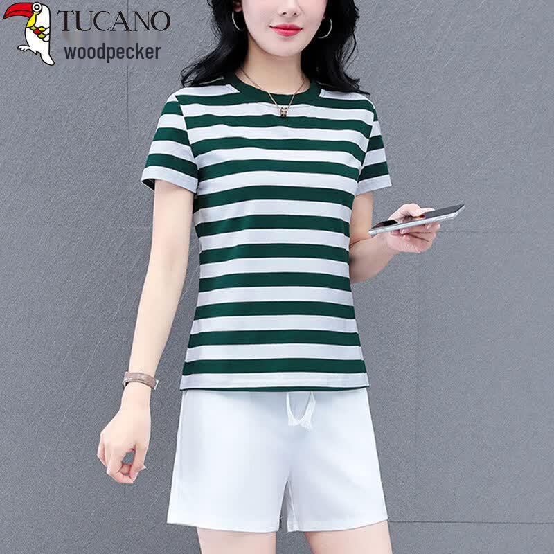 Woodpecker Women's Striped Short Sleeve Top & Shorts Set