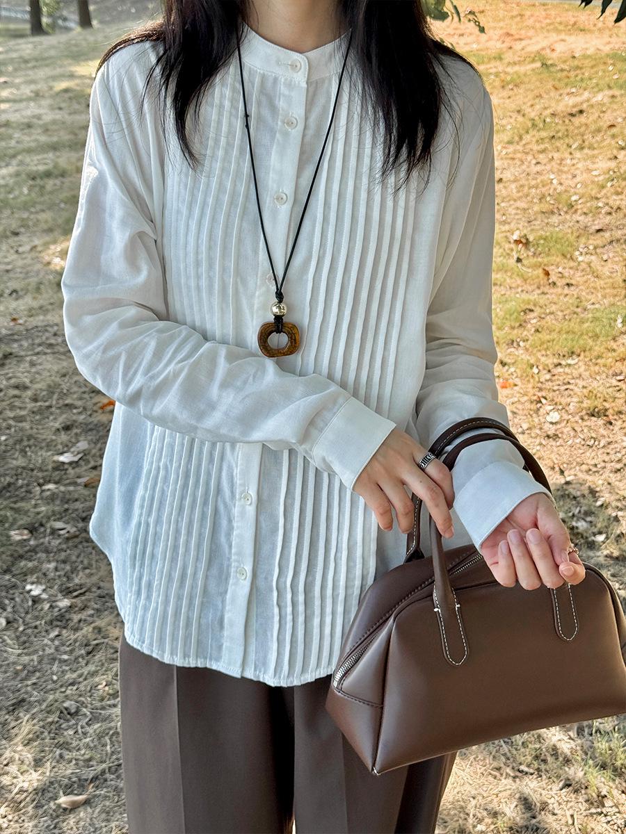 

Women s 100% Cotton Stand Collar Retro Accordion Pleats Long Sleeve Shirt XL (60-67.5kg)