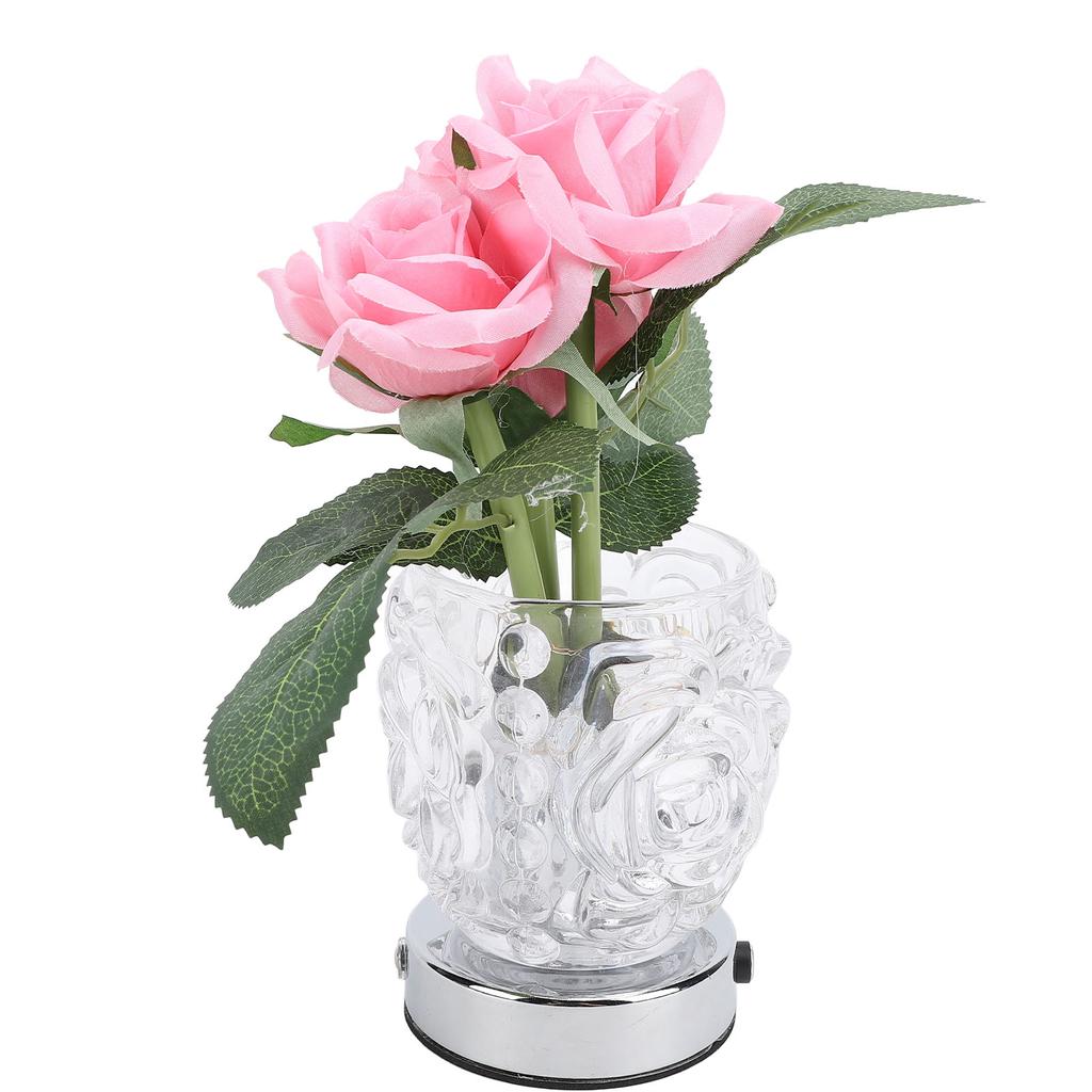 Rose Tischlampe Exquisite elegante kabellose LED-Kunstblumen-Touch-Lampe mit klarer Kristallvase