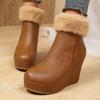 Botas Ankle Boot Femininas Aconchegantes com Forro de Pelúcia Salto Anabela Solado Grosso Pelo Fofo Quente Sapatos de Inverno Feminino Plataforma Robusta Botas Curtas de Couro PU