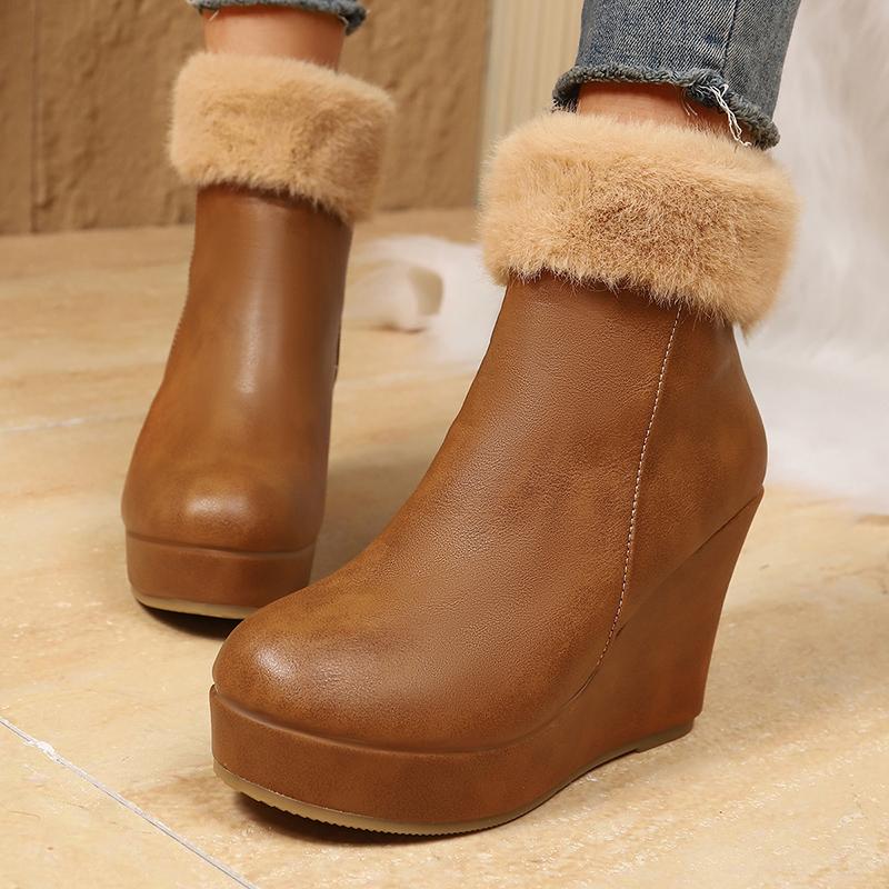 Women Cozy Plush Lined Wedge Ankle Boots Thick Sole Fluffy Fur Warm Winter Shoes Woman Chunky Platform PU Leather Short Boots