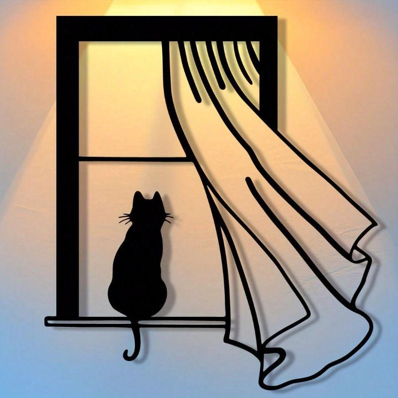 Black Cat Window Metal Painting for Living Room Bedroom Office
