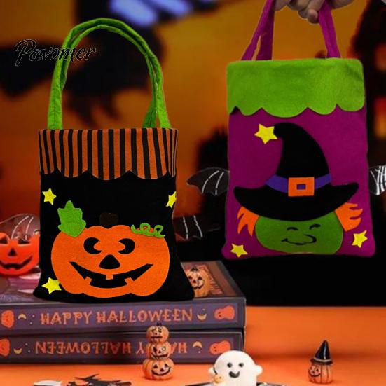 Pumpkin Ghost Printed Totes Halloween Candy Bags, Non-Woven Trick or Treat Tote Bags with Handles, Lightweight Portable Gift Pouches Cute Black