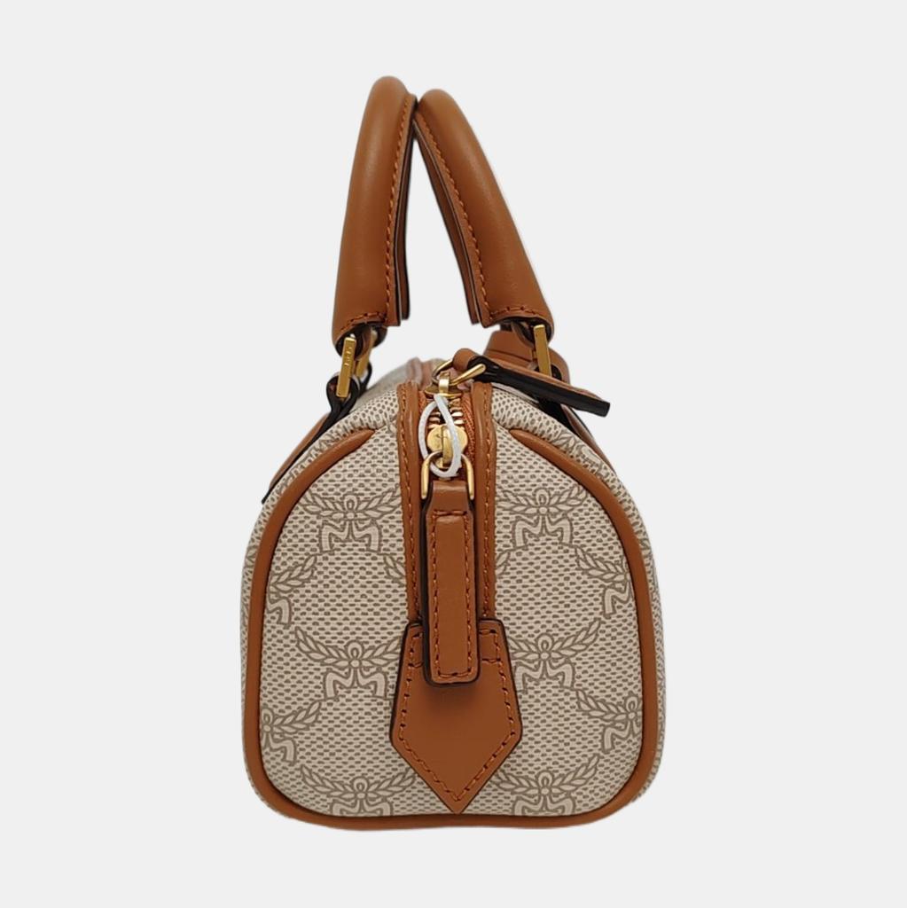 [Pre-Owned] Lauretos Removable Adjustable Leather Shoulder Strap Logo Pattern Interwoven Letter Canvas Mini Boston Bag - Excellent #SF008M