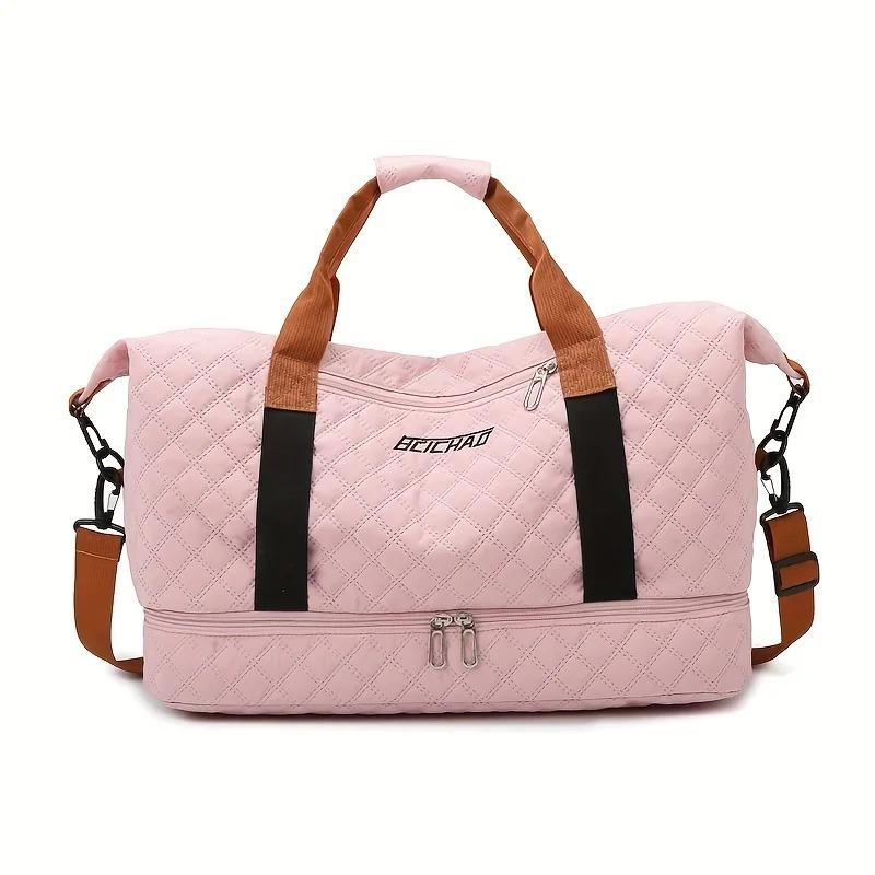Nylon Travel Duffle Bag with Shoe Compartment Large Capacity Argyle Pattern Casual Weekender Overnight Gym Storage Bag