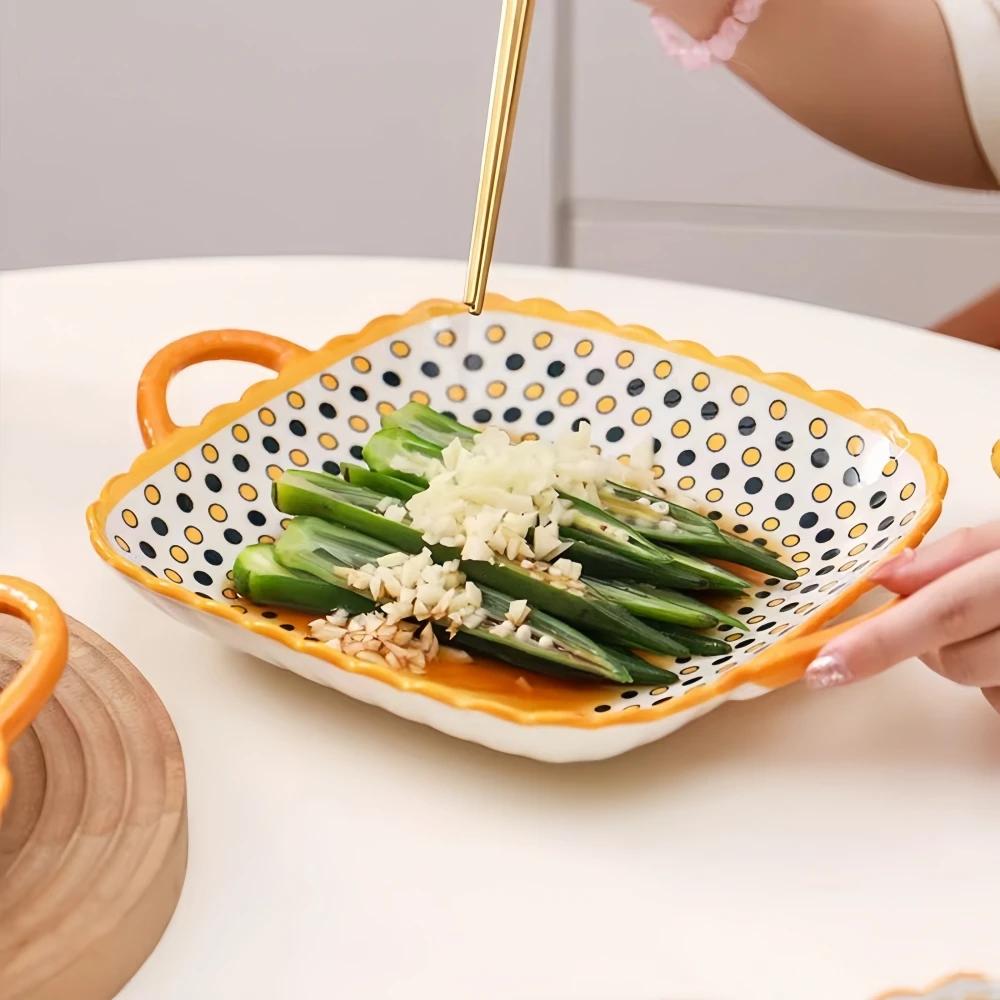 2 Pcs Ceramic Japanese Style Square Plates with Double Ears and Pasta Salad Platessuitable for Microwave Ovens and Ovens