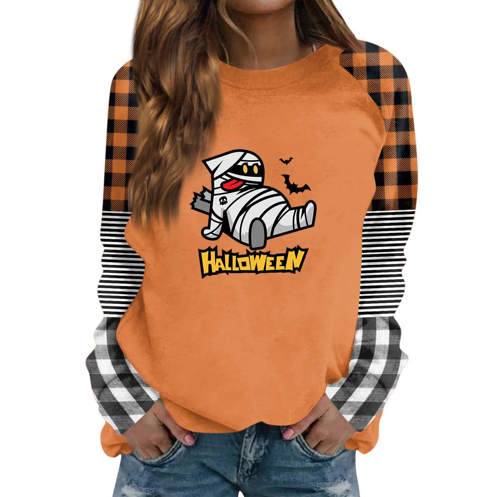 Women's Casual Long Sleeve Neck Halloween Print Top for Fall