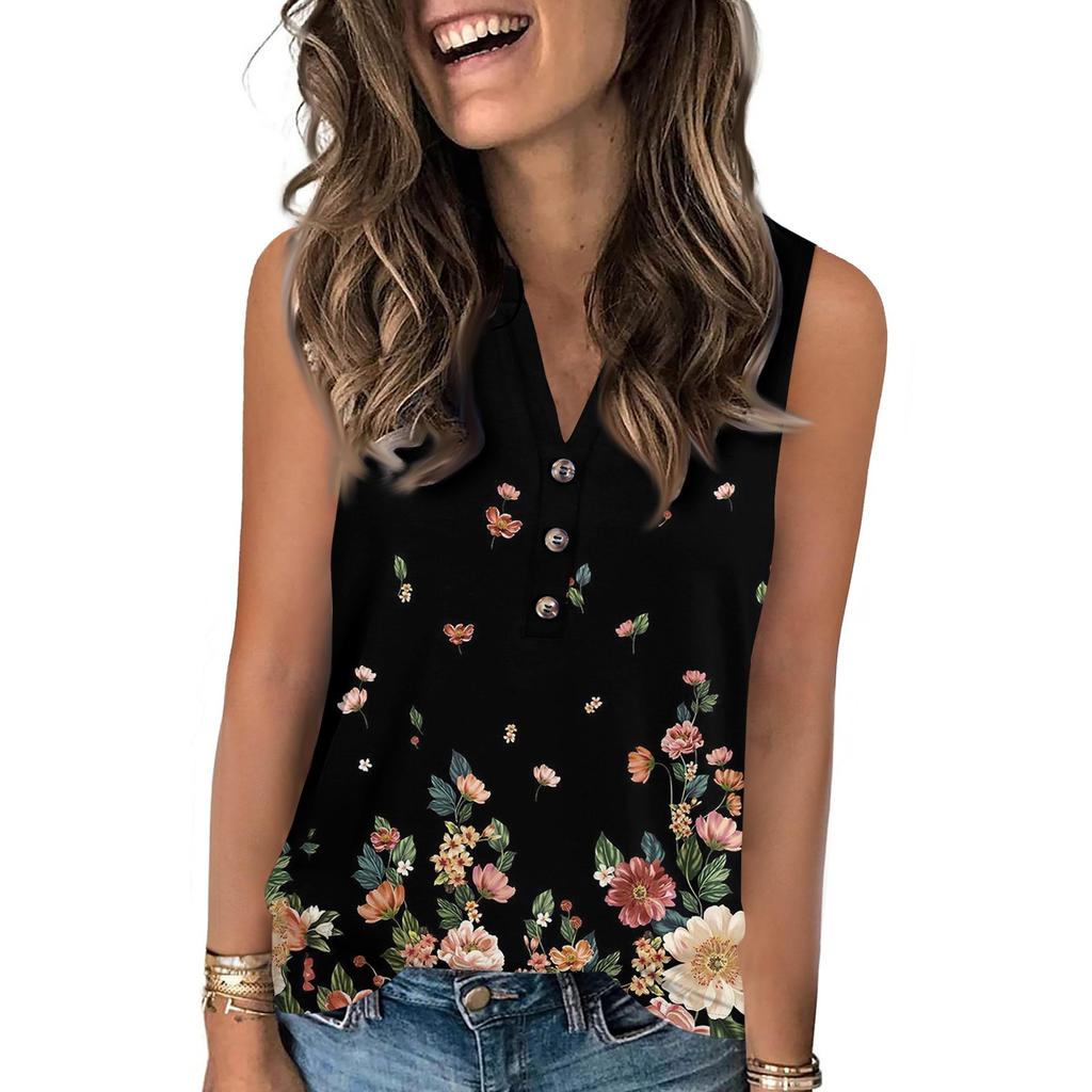 Women's Casual Fashion Summer Vintage Floral Print Tank Top V-neck Sleeveless Button-down Top