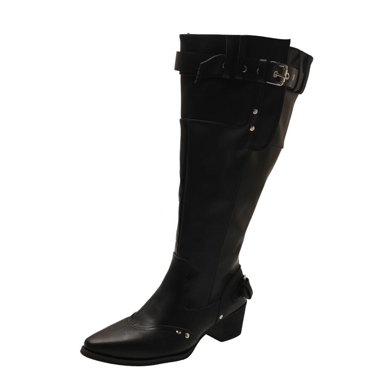 

Large Tube Cow Suede Long Tube Boots Spring Summer Retro Block Heel Skinny Pointed Toe Belt Buckle Pleated Pile Boots Women 42